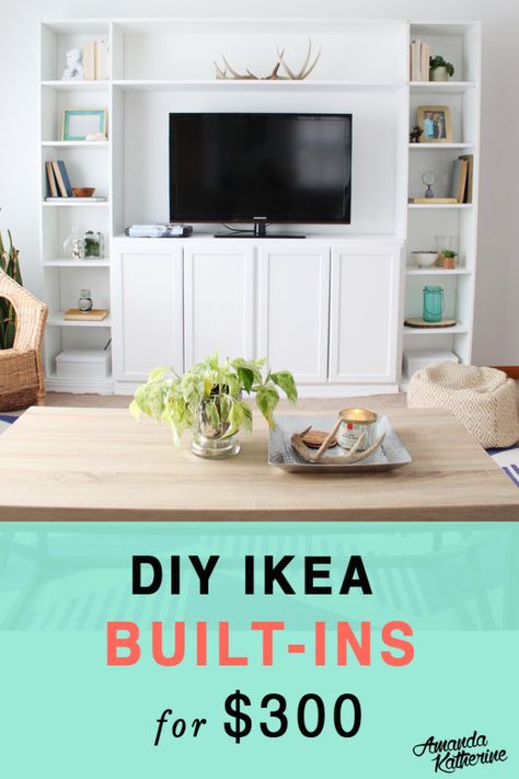 IKEA Billy Bookcase Built-In Hack — Amanda Katherine Built In Bookshelves, Billy Ikea, Ikea Built In, Billy Bookcase Hack, Ikea Tv, Tv Built In, Ikea Billy Bookcase Hack, Ikea Bookcase, Built In Entertainment Center