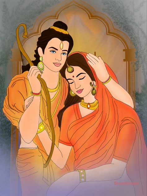 Digital art of sita ram Ram Sita Illustration Art, Ram And Sita Sketch, Ram Sita Illustration, Sita Ram Paintings, Shree Ram And Sita, Sita Ram Drawing, Ram Sita Painting, Ram Sita Rangoli, Ram Sita Drawing