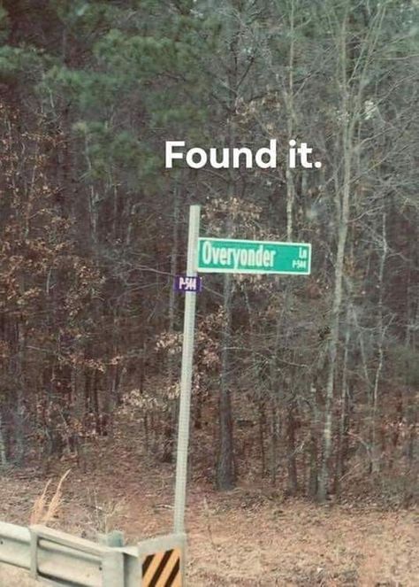 "Overyonder" Lane. Hahaha! Funny Road Signs, Great Memes, Groundhog Day, Pictures Of The Week, Silly Jokes, Street Sign, Morning Humor, Dad Jokes, Funny Signs