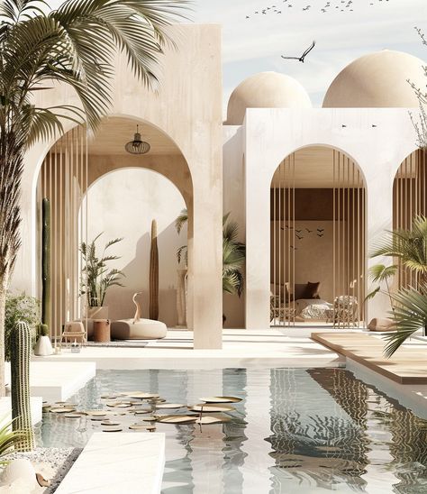 A hyper realistic photo of an architecture design studio with white #pool and #bird, in the background there is a #modern #arabic #villa with arches and domed roof, with #palm #trees and cacti, birds flying around Arabic Villa, Arches Architecture, Resort Pool Design, Modern Mediterranean Architecture, Bali Interior Design, Morocco House, Modern Mediterranean Home, Beach Architecture, Mosque Design