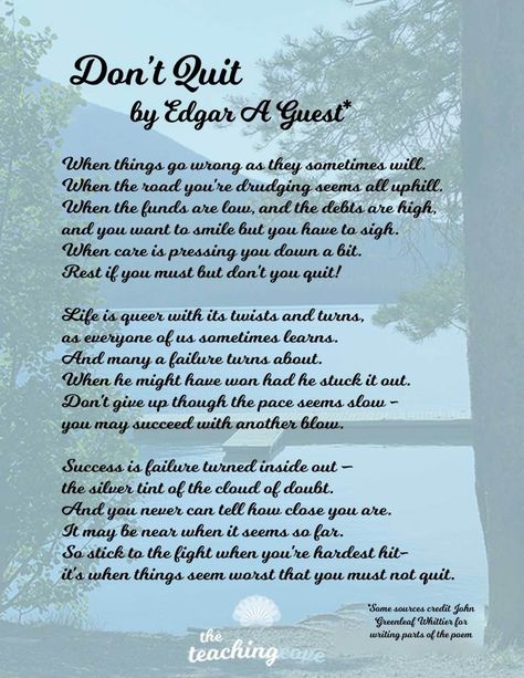 Don't-Quit-Poem-New-2 Poems About Dreams, Dont Quit Poem, Motivational Mondays, Poems In English, Meaningful Poems, Motivational Poems, Canmore Alberta, Teaching Printables, Give Up On Your Dreams