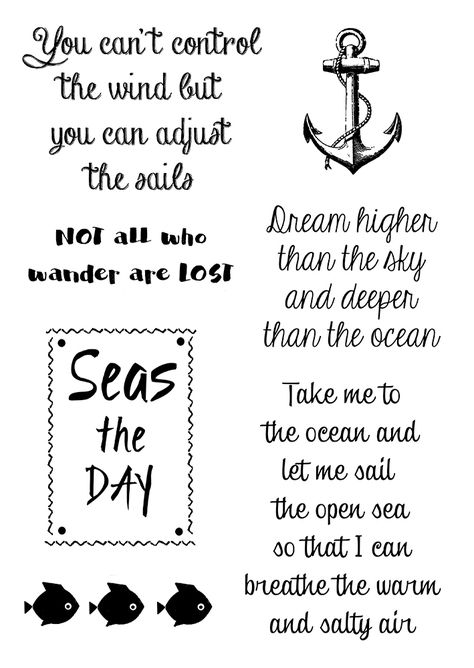 To go along with all the nautical stamps in this collection (all sold separately), is this stamp set containing 5 nautical phrases, an anchor, and a row of small fish. This stamp set is part of the Creative Expressions Woodware Clear Singles collection. These stamps adhere to acrylic blocks and can be used with your favorite inks, markers, paints, embossing powders, and other crafting mediums (all sold separately). These phrases will add a finishing touch to your nautical crafting projects. This Nautical Sayings, Nautical Quotes, Sailing Day, Nautical Signs, Nautical Bathroom Decor, Nautical Crafts, Nautical Cards, Door Signs Diy, All Who Wander