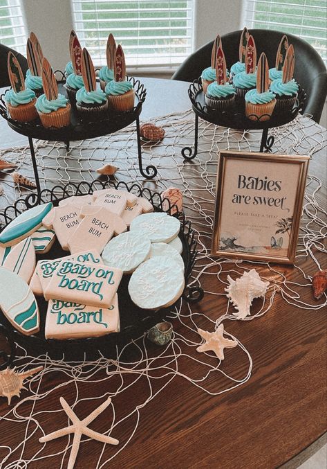 Surfer Gender Reveal Ideas, Beach Theme Gender Reveal Ideas, Baby Shower Themes Boy Summer, Baby Boy Summer Baby Shower Themes, Beach Boy Baby Shower Theme, Beach Theme Gender Reveal, Baby On Board Gender Reveal, Baby On Board Decorations, Under The Sea Theme Baby Shower Ideas