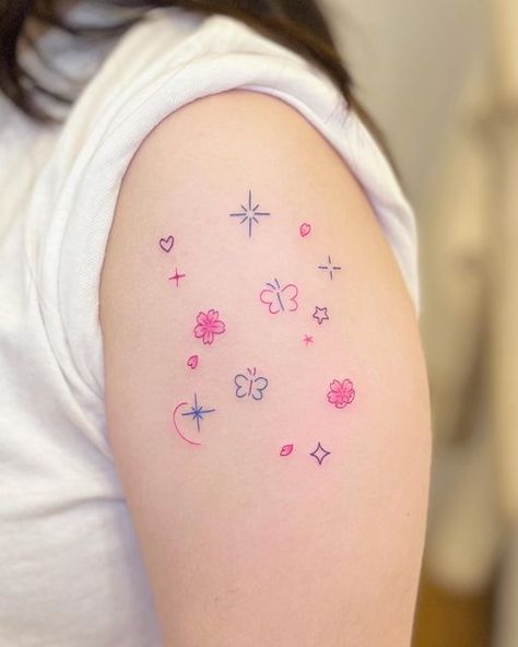 Colorful Line Tattoo, Sparkle Tattoo Color, Tattoo Cute Aesthetic, Tattoos Colorful, Cute Colored Tattoos, Tattoo Mini Cute, Pusheen Tattoo, Tattoo Ideas Colorful, Star Tattoos Colorful