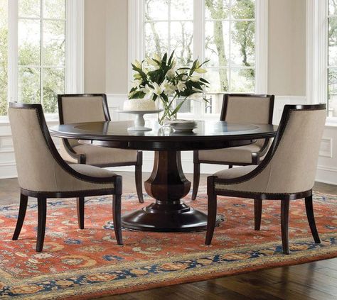 Information: Brownstone Furniture Sienna Round Dining Table Features: The Sienna Round Table by Brownstone is elegant and refined - it can be dressed up, but is stylish enough to be used in relaxing setting. The dinning top is made from richly grained mahogany with a warm chestnut finish. This classic, 56' round table extends to 72' with its perimeter extension leaves. Dimensions: 56"-72" Dia. (Expandable) x 29.5" H Free Delivery Large Round Dining Table, Round Dining Room Sets, Round Dining Table Modern, Round Pedestal Dining, Round Pedestal Dining Table, Round Dining Room Table, Round Dining Table Sets, Set Meja Makan, Round Dining Room