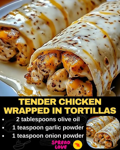 Tender Chicken Wrapped in Tortillas Chicken Tortilla Recipe, Chicken Tortilla Wraps, Tortilla Rollups, Canned Milk, Home Made Meals, Blended Coffee Recipes, Taco Thursday, Soft Tortillas, Wraps Recipes Healthy