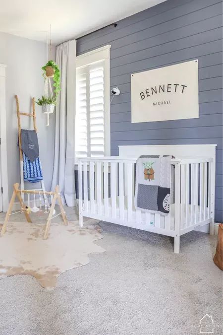 Boy nursery design | boy nursery decor | shiplap nursery wall | accent wall | name flag #LTKbaby #LTKhome Nursery Shiplap Wall, Shiplap Nursery Wall, Nursery Shiplap, Shiplap Nursery, Boy Nursery Design, Name Flag, Blue Nursery Boy, Patchwork Baby Blanket, Nursery Accent Wall