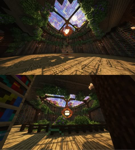 Library Mc Ideas, Huge Underground Base Minecraft, Minecraft Library Ideas Aesthetic, Underground Minecraft Library, Cottage Core Storage Room Minecraft, Overgrown Aesthetic Minecraft, Overgrown Library Minecraft, Enchanting Library Minecraft Ideas, Minecraft Skylight