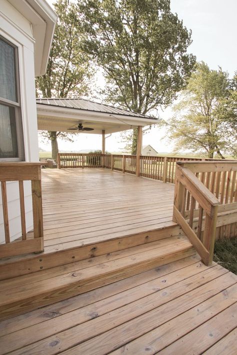 Open Back Porch Ideas Decks, Farmhouse Back Deck Ideas, Deck Ideas With Outdoor Kitchen, Painted Wood Retaining Wall, Backyard Deck For Ranch Style Home, Wood Back Patio, Small Porch Off Bedroom, Deck Style Ideas, Stained Back Deck