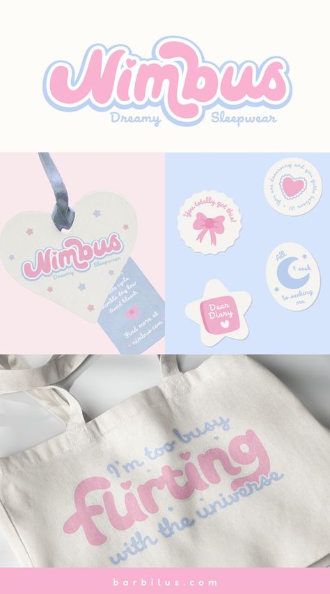 A dreamy brand identity for a girls clothing business This branding project includes the custom logo suite (main logo, secondary logo, brandmark), color palette, brand pattern, custom stickers, clothing tag design, packaging, social media design, and more created for Nimbus! The typography was fully customized and we used baby blue and cream. Contact www.barbilus.com Packaging Social Media Design, Clothing Tag Design, Color Palette Brand, Custom Hard Hats, Logo Suite, Secondary Logo, Brand Pattern, Clothing Brand Logos, Clothing Business