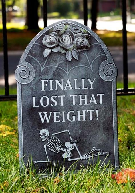 Finally Lost That Weight Tombstone Decoration | Graveyard Decoratrions Skeleton Decorations Outdoor Funny, Funny Gravestones Halloween, Graveyard Halloween Decorations, Funny Tombstone Sayings, Funny Gravestones, Gravestones Halloween, Tombstone Sayings, Halloween Yard Props, Halloween Gravestones