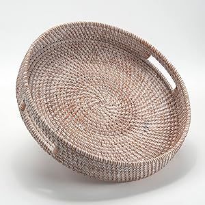 Coffee Table Tray Round Rattan Ottoman Tray Woven Serving Trays with Handles for Home and Kitchen Decorative White (Large 14 inch x 2.8 inch) Elegant Coastal Decor, Rattan Ottoman, Coastal Style Decorating, Coffee Room, Rattan Tray, Wicker Tray, Ottoman Coffee, Ottoman Tray, Coffee Table Tray