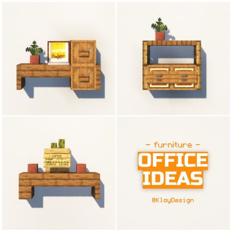 👩‍💻 OFFICE IDEAS - Minecraft Here’s three furniture ideas for a small office! 😱 I tried to build a Desk setup, an archive cabinet to storage all the documents, a coffee machine. Will you build these? 🤔 ——————————————— - 🪴 Follow @klay.design_mc for more! - 💬 Lemme know your thoughts! - 🙌 Complementary Shaders - 🍳 Repost with credits only! ——————————————— #minecraft #minecraftdesign #minecraftpe #minecraftonly #minecraftpc #minecrafter #minecraftmeme #minecrafters #minecraftbuilds #minecra... Crafting Room Minecraft Ideas, Minecraft Desk Ideas, Minecraft Shelf Ideas, Minecraft Office Ideas, Minecraft Office, Minecraft Interiors, Minecraft Details, Minecraft Pasta, Build A Desk