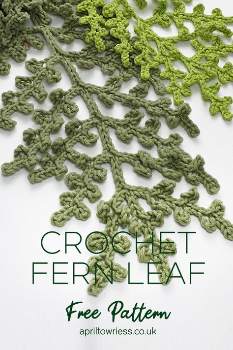 Image shows two crocheted fern leaves laying flat on a white background. Each Leaf has been created using different tones of green cotton yarn. Ginko Leaf Crochet, Crochet Plant Wall Hanging, Fern Leaf Crochet Pattern, Crochet Vines Garland, Crochet Leaf Stem, Leave Crochet Pattern, Crochet Leafy Vine Pattern, Fern Crochet Pattern Free, Crochet Flower Vine Pattern