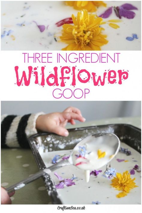 This wildflower goop only has three ingredients that I bet you have already! Gorgeous sensory play for kids plus a great tip for keeping them clean. Flower Crafts For Kids, Flowers In Nature, Play For Kids, Toddler Ideas, Messy Play, Spring Activities, Three Ingredient, Baby Sensory, Class Ideas