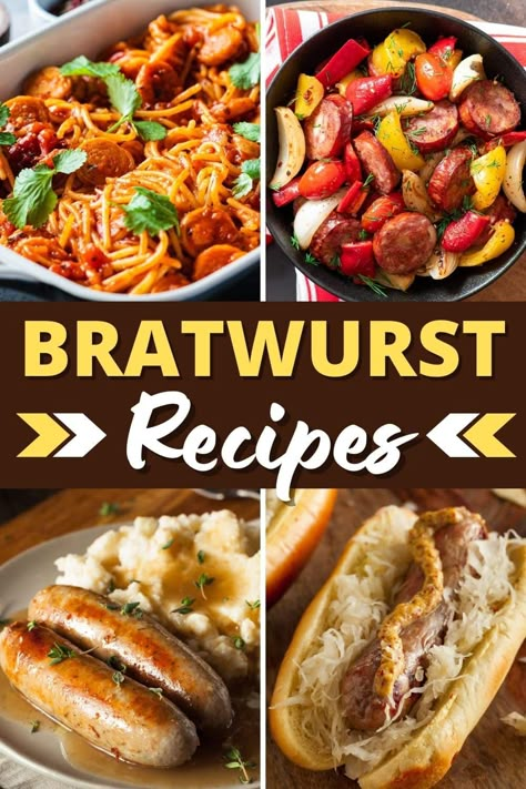 Try these bratwurst recipes if you're on the hunt for some deliciously smoky, savory meals. They're so good, you might never go back to regular sausages. Recipes That Use Bratwurst, Beyond Meat Brats Recipes, Italian Sausage Brats Recipes For Dinner, Things To Make With Bratwurst, Recipes For Bratwurst Meals, Beef Bratwurst Recipes, Brat Meals Dinners, Dinners With Bratwurst, Recipe For Bratwurst