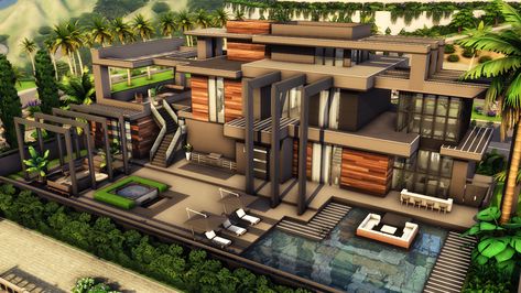 Sims Mansion, Sims 4 Modern House, Big Modern Houses, House Description, Sims 4 Houses Layout, Big Mansions, San Myshuno, Mansion Exterior, House Plans Mansion