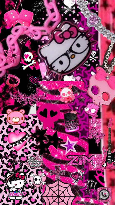 day 1 of making scene wallpapers for every colour!! pink #scene #pink #2000s #myspaceaddict Hello Kitty Scene Wallpaper, Pink Scenecore Wallpaper, Scene Hello Kitty Wallpaper, Pink N Black Wallpapers, Scene Wallpaper Pink, Scenecore Aesthetic Wallpaper, Goth Pink Wallpaper, Pink Junk Wallpaper, Hot Pink Hello Kitty Wallpaper