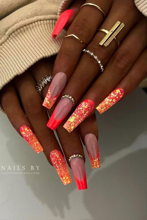 Bright Summer Acrylic Nails, Neon Acrylic Nails, Yellow Nail, Fluorescent Orange, Amazing Nails, Fancy Nails Designs, Accent Nail, Nice Nails, Vibrant Nails