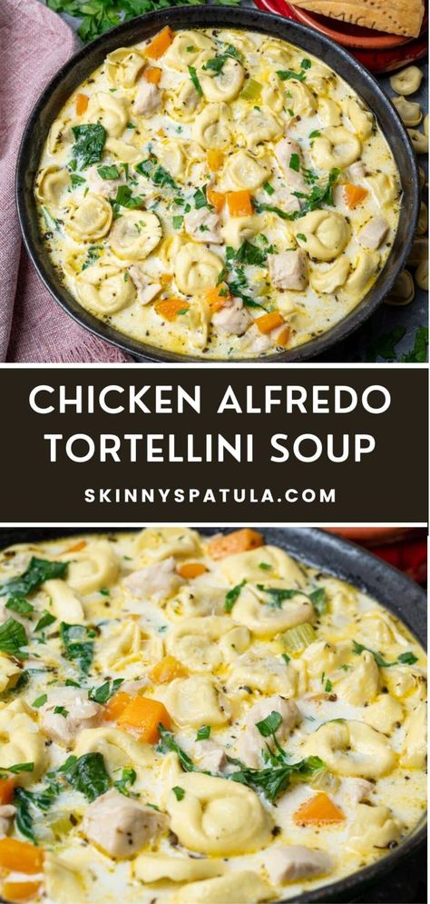 Chicken Alfredo Tortellini Soup – Skinny Spatula Tortellini Wedding Soup, Chicken Spinach Tortellini Soup Crockpot, Chicken Alfredo Tortellini Soup Recipe, Alfredo Soup Tortellini, Pioneer Woman Recipes Chicken Tortellini Soup, Chicken Alfredo Tortellini Soup Crockpot, Chicken Tortellini Soup With Cream Cheese, Easy Soup Recipes Tortellini, Cream Tortellini Soup