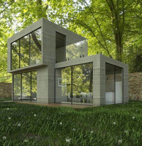 Aquí puedes encontrar fotos con ideas de diseño de interiores. ¡Inspírate! Cinder Block House, Small House Design Architecture, Glass Cabin, Renovation Architecture, Building A Container Home, House Extension Design, Narrow House, Model House Plan, Unique House Design