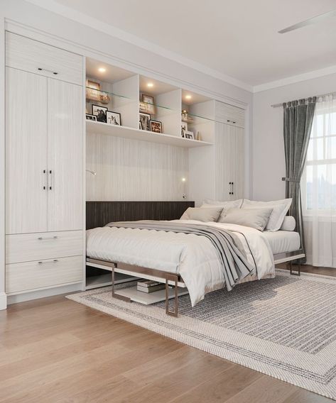 A wall bed, also known as a Murphy bed, is a bed that can be folded up and stored vertically against a wall or inside a cabinet when not in use. Here are some benefits of having a wall bed: Space Saving: One of the primary benefits of a wall bed is its space-saving design. When not in use, the bed can be folded up, allowing you to reclaim floor space in the room for other activities. Murphy Bed Living Room, Murphy Bed Office, Diy Murphy Bed, Bed Inspiration, Guest Bedroom Office, Guest Bedroom Home Office, Horizontal Murphy Bed, Murphy Bed Desk, Wall Beds