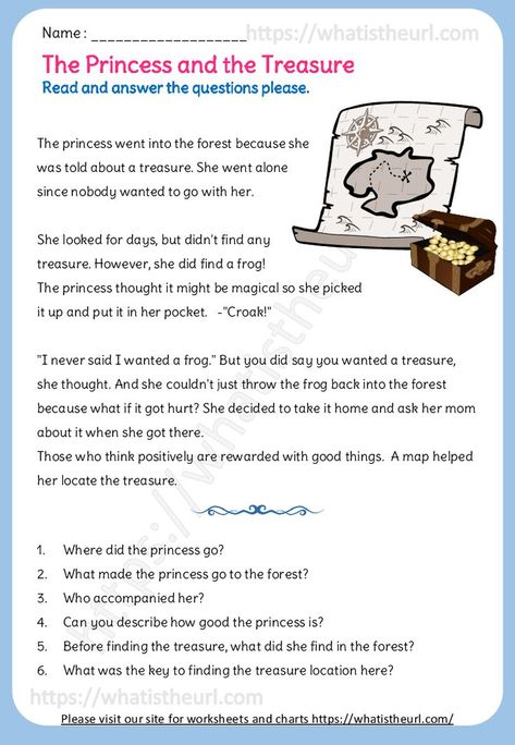 Here is a reading comprehension on a story “The Princess and the Treasure”. This can be used for any higher grades.Please download the PDF Reading Comprehension – The Princess and the Treasure 3rd Grade Reading Comprehension Worksheets, Factor Trees, English Conversation For Kids, 2nd Grade Reading Comprehension, Reading Fluency Passages, Preposition Worksheets, Reading Comprehension For Kids, Reading Comprehension Kindergarten, Teacher Cartoon