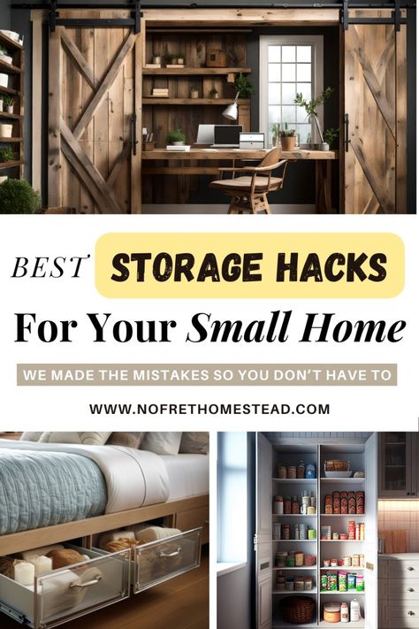 The Best Storage Hacks for Your Small Home – Do It Right The First Time! – No Fret Homestead – We Make The Mistakes So You Don’t Have To Diy Small Space Storage, Small Home Storage Solutions, Storage In A Small House, Home Storage Hacks, Cottage Storage, Small House Storage, Furniture With Storage, Compact Furniture, Dining Tables And Chairs