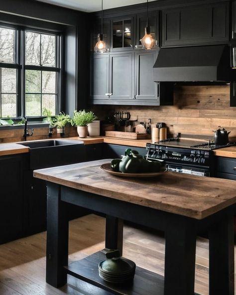 Dark Shiplap Kitchen, Black Cabinets With Shiplap Walls, Wood Countertops Black Cabinets, Black And White Cabinets With Butcher Block, Black Cabinet Farmhouse Kitchen, Wood Cabinets With Black Backsplash, Black Cabinets Butcher Block Countertops, Black Farmhouse Cabinets, Butcher Block With Black Cabinets