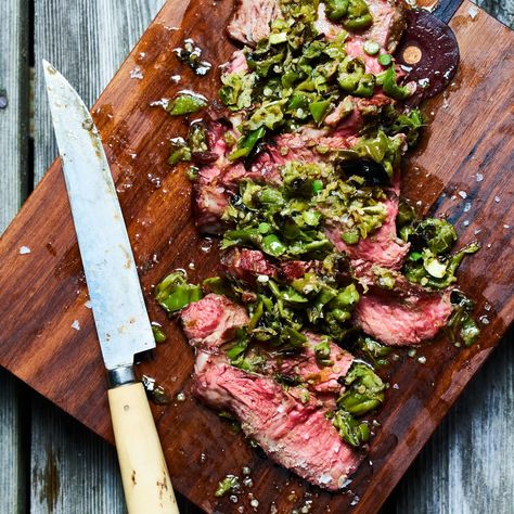 Grilled Rib Eye with Shishito Pepper Salsa Recipe | Bon Appétit Salsa Recept, Shishito Pepper, Chimichurri Steak, Sea Salt Recipes, Shishito Peppers, Boneless Ribs, Pepper Salsa, Pepper Recipes, Grilled Steak Recipes