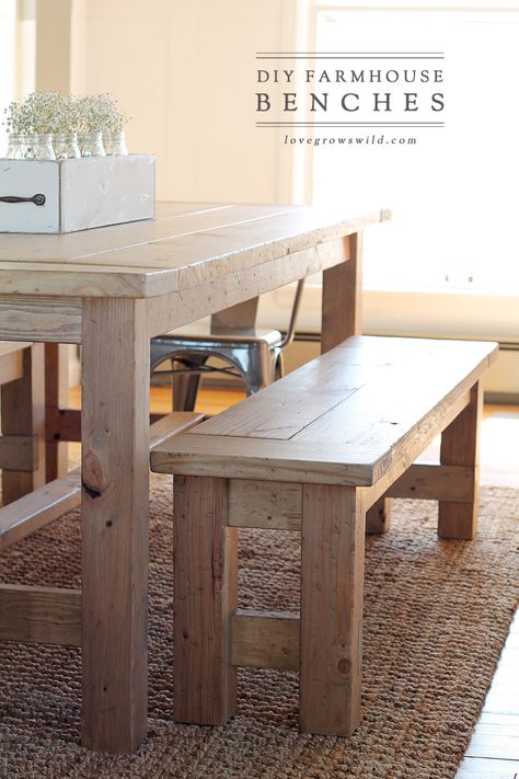 DIY Farmhouse Bench - Love Grows Wild Dining Bench Diy, Farmhouse Bench Plans, Diy Farmhouse Bench, Modern Dining Bench, Farmhouse Bench Diy, Farmhouse Table With Bench, Diy Dining Room Table, Dining Room Bench Seating, Kitchen Table Bench