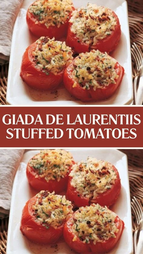 Giada De Laurentiis Stuffed Tomatoes Stuffed Cherry Tomatoes Recipes, Stuffed Tomatoes Appetizer, Stuffed Tomatoes Recipes, Cheese Stuffed Tomatoes, Tomatoes Recipes, Giada Recipes, Cherry Tomato Recipes, Stuffed Tomatoes, Sides Recipes