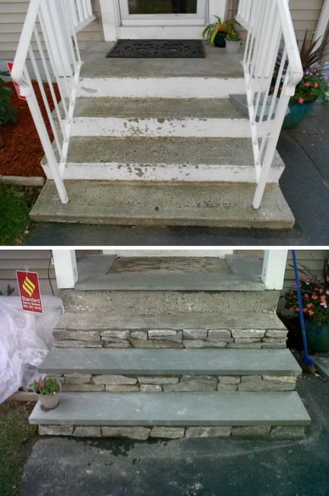 First Impressions Count - How to Increase Your Curb Appeal 2017 Concrete Front Steps, Concrete Front Porch, Front Porch Steps, Front Stairs, Front Porch Makeover, Porch Remodel, Stairs Makeover, Small Front Yard, Concrete Stairs