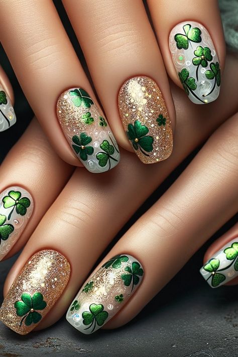 15 St. Patrick’s Day Nail Art Ideas to Celebrate the Irish Holiday St Patrick’s Acrylic Nails, Nail Art Designs St Patricks Day St Pattys, St Patty’s Nail Designs, Gold Shamrock Nails, Nail Designs For St Patrick’s Day, St Pat Nails Art Designs, Patricks Day Nails, Ireland Nails Designs, Nails Acrylic St Patricks