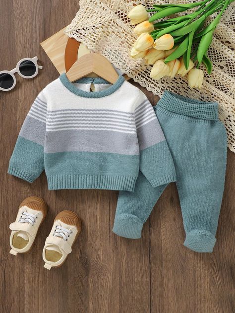 Baby Boy Colorblock Striped Sweater & Knit Pants Green     Striped Pants Medium Stretch  Baby Boys Clothing, size features are:Bust: ,Length: ,Sleeve Length: Couture, Baby Boy Knitting Patterns Free, Kids Sweater Pattern, Boys Knitting Patterns Free, Baby Boy Sweater, Baby Boy Knitting Patterns, Baby Boy Knitting, Pola Amigurumi, Baby Knitwear