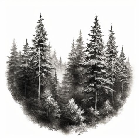 Viking Forest Tattoo, Spooky Woods Tattoo, Forest Chest Tattoo, Wolf And Trees Tattoo, Forrest Tattoo Designs, Forest Tattoo Design Drawing, Pine Forest Tattoo, Pine Trees Drawing, Pines Tattoo