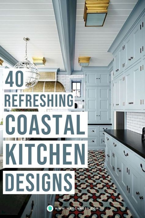 The fresh blue color scheme can bring the spirit of summer to your home. Anyway, when you commonly only consider applying the awesome design style to your living room or bedroom, then it’s time to give your effort to make your kitchen valuable too. Let’s apply the coastal design for your kitchen makeover. #coastalkitchen #kitchendesign #summerkitchen #summerdecor Cute Beach House Kitchen, Seaside Kitchens Coastal Style, Small Coastal Kitchen Design, Coastal Kitchen Renovation, Kitchen Beach Style, Coastal Blue Cabinets, Cozy Beach House Kitchen, Coastal Farmhouse Interior Design, Coastal Blue Kitchen Cabinets