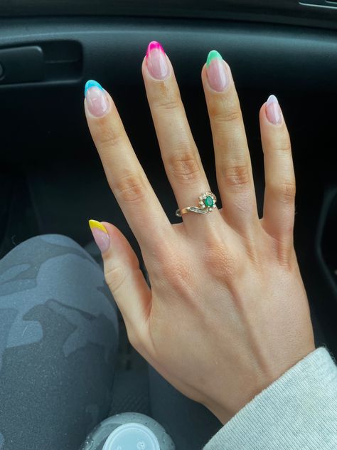 Almond Nails French Colorful, Colourful Oval Nails, Almond French Tip Nails Multicolor, Spring Nails Almond French Tip, Almond Nails French Tip Different Colors, Almond Different Color Nails, Almond Coloured Tip Nails, Colorful Reverse French Nails, Almond Nails With Colored French Tip