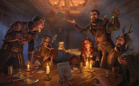 Poker Night at the Stonehill Inn, Iga "Igson" Oliwiak on ArtStation at https://www.artstation.com/artwork/OylKBv Tavern Pose Reference, Tavern Reference, Table Reference, Dungeons And Dragons Tavern, Tavern Party, Bar Reference, Tavern Fantasy Art, Tavern Art, Tavern Bartender Art