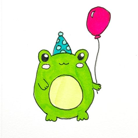 Cool Frog Drawing, Easy Birthday Drawing Ideas, Birthday Frog Drawing, Birthday Drawings Easy, Frog Cute Drawing, Bday Drawings, Easy Frog Drawing, Frog Drawing Ideas, Lily Pad Drawing