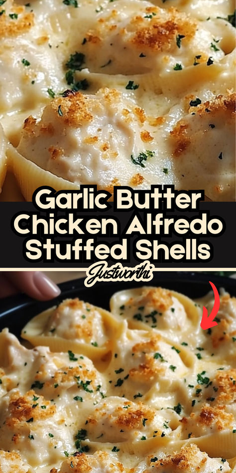 Tender pasta shells are stuffed with a rich and creamy garlic butter chicken Alfredo filling, creating a comforting and flavorful dish that’s Perfect for any occasion. The combination of juicy chicken, savory garlic butter, and velvety Alfredo sauce makes every bite incredibly satisfying. Baked to perfection with a golden, cheesy topping, these stuffed shells are a must-try for pasta lovers. Whether you're making a cozy family dinner or an impressive dish for guests, this easy and indulgent recipe is sure to be a hit. Save it now for your next meal. Shell Casserole Recipes, Stuffed Chicken Alfredo Shells Recipes, Stuffed Shells Dinner Ideas, Garlic Chicken Stuffed Shells, Alfredo Meals Dinners, Giant Stuffed Shells Recipe, Garlic Butter Chicken Stuffed Shells, Rotisserie Chicken Stuffed Shells, Stuffed Shells Recipe Alfredo