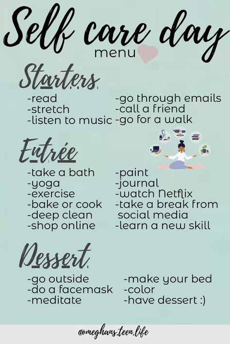 Take some time for you. Self care is for teens too! Use this helpful menu to craft an ultimate self care day! #teenager #selfcare #selfcaretips Ultimate Self Care Day, Self Care For Nurses, Self Care Tips For Teens, Teenage Self Care, Self Care Activity For Teens, Self Care At Work, Self Care Crafts, Teen Self Care, Self Care Menu