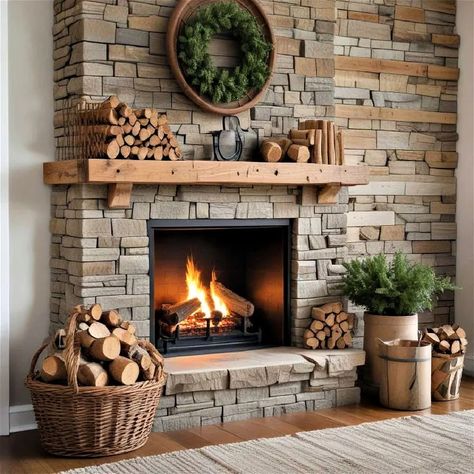 Stacked stone fireplaces