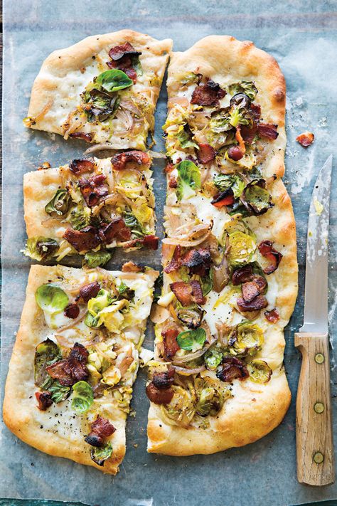 Bobby Flay Brunch, Brussels Sprouts And Bacon, Sprouts And Bacon, William Sonoma Recipes, Heirloom Tomato Tart, Pool Food, Bacon Pizza, Portuguese Desserts, New Pizza