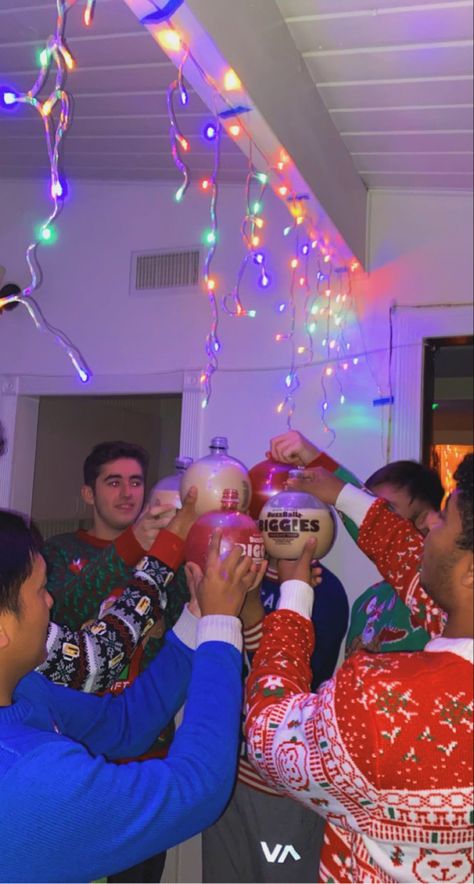 ugly christmas sweaters of all colors and the large sized buzzballs Trashy Christmas Party, Christmas House Party Ideas, Christmas Party Vibes, Christmas College Party, Christmas Party Aesthetic, College Christmas Party, Christmas Tacky, Ugly Sweater Party Ideas, Ugly Christmas Sweater Party Ideas