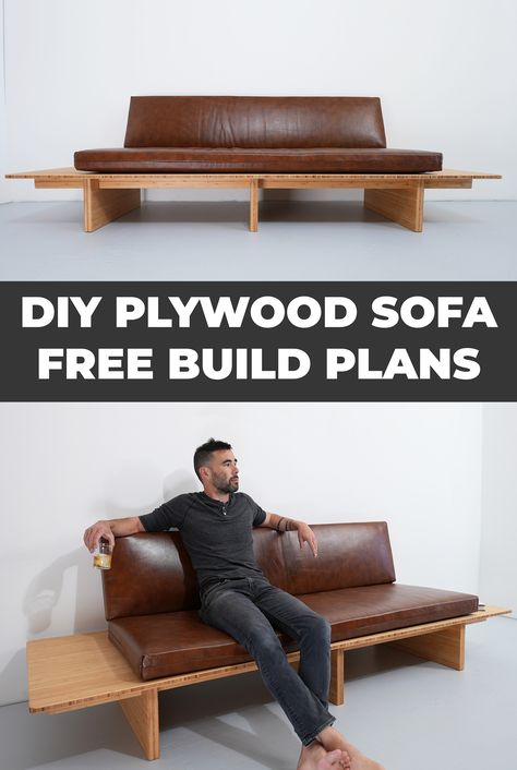 This DIY sofa is made out of bamboo plywood and was designed by Ben Uyeda of HomeMade Modern.  This DIY sofa is can be made with just three basic power tools. A full build video and free plans of this plywood sofa are available. Plywood Sofa Diy, Homemade Sofa Wood, Wooden Sofa Diy, Homemade Couch Diy, Diy Sofa Bench, Diy Modern Sofa, Diy Couch Base, Diy Platform Sofa, Diy Loveseat Indoor