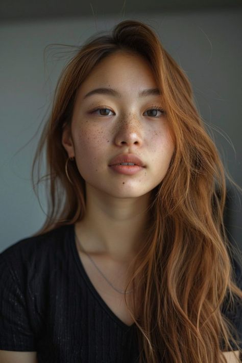 Copper Hair Color Brown Eyes, Red Hair On Tan Skin Tone, Copper Brown Asian Hair, Auburn Hair Dark Eyebrows, Copper Brown Hair On Brown Skin, Autumn 2024 Hair Colour, Copper Brown Hair Asian, Red Hair On Asian Women, Red Brown Hair Asian