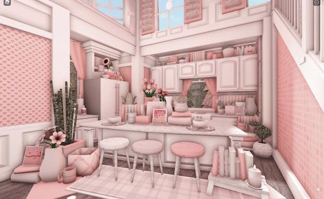 Blush Bloxburg House Interior, Blush Pink Bloxburg House, Bloxburg Pink House Ideas, Blush Kitchen Bloxburg, Bloxburg Clothes Shop, Blush House Bloxburg, Blush Bloxburg House, Bloxburg Blush House, Pink Bloxburg House