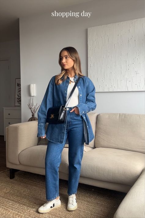 Denim Shirt Denim Jeans Outfit, Denim Shirt Looks For Women, Fall Casual Jean Outfits, Outfits With Denim Shirts Women, Jeans And Denim Outfit, How To Wear Denim On Denim, Jeans Work Outfit Summer, All Jean Outfits For Women, Minimalism Style Outfits