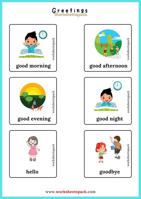 ESL free English vocabulary learning cards for kids. Learn English Preschool, Basic Greetings In English, English Flash Cards, Reading Cards For Kids, Greeting Worksheet For Kids, Greetings Kindergarten, English Projects For Kids, Greetings Worksheets For Kids, How To Teach English To Kids